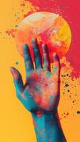 Vibrant hand reaching towards a colorful cosmic sphere against a bright background photo