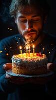 Man celebrates birthday with a cake adorned with lit candles and festive decorations at an evening gathering photo