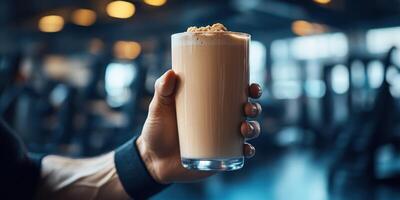 Fitness enthusiast enjoys protein shake in gym during workout session early in the day photo