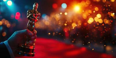 Golden trophy is held aloft at a glamorous ceremony with bright lights and red carpet atmosphere photo