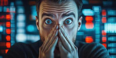 Man displays intense reaction amid digital data screen filled with graphs and numbers during a late night analysis session photo