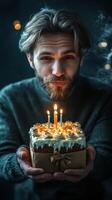 Man celebrates birthday by holding a decorated cake with lit candles in a cozy setting photo