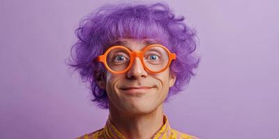 Colorful person with purple hair and orange glasses smiles against a purple background in a playful and vibrant setting photo