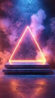 Illuminated triangular structure with smoke effects in a vibrant atmosphere during nighttime photo