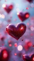Floating red hearts create a romantic atmosphere in a dreamlike setting with soft lights and bokeh effects photo