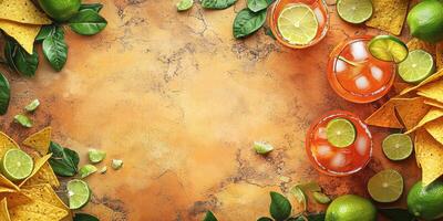 Colorful spread of nachos and citrus drinks on a rustic table perfect for a summer gathering or party photo