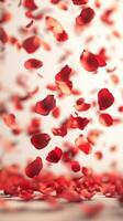 Floating red rose petals creating a romantic atmosphere in a soft light setting photo