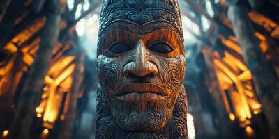 Intricate wooden carving displayed in an ancient structure with warm lighting photo