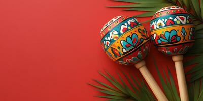 Colorful maracas decorated with intricate patterns on a vibrant red background surrounded by palm leaves photo