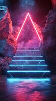 Illuminated staircase flows upward through glowing rocks in a mystical atmosphere photo