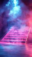 Colorful illuminated stairs with smoke in a dark environment create a mystical atmosphere at night photo