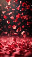 Floating red rose petals create an enchanting atmosphere during a romantic evening event indoors near candlelight photo