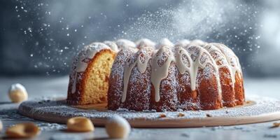 Decorative bundt cake with icing and powdered sugar in a cozy kitchen setting during winter photo