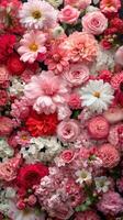Vibrant arrangement of assorted flowers in shades of pink, red, and white evokes a joyful atmosphere for springtime celebrations photo