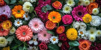 Beautiful array of colorful flowers arranged in a vibrant floral display on a flat surface during springtime photo