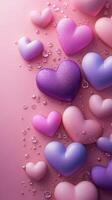 Colorful heart-shaped decorations arranged on a pink background with sparkling gems enhancing a festive atmosphere photo