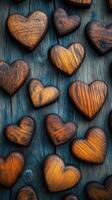 Heart-shaped wooden decorations arranged on a rustic blue wooden background create a warm and inviting atmosphere photo