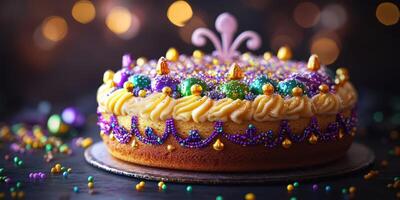 Colorful carnival cake decorated with beads, cupcakes, and festive details during a celebration photo