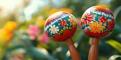 Colorful handcrafted maracas displayed in a vibrant garden setting during the golden hour of a sunny day photo