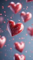 Red hearts suspended in midair against a soft blue background creating a romantic atmosphere photo