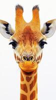 Giraffe with striking features gazes directly at the viewer in a bright white background setting photo