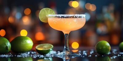 Refreshing cocktail with lime garnish served in a stylish glass at a vibrant bar setting during a lively evening photo