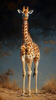 Giraffe stands tall amidst the landscape under a dramatic sky during early evening hours photo