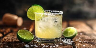 Refreshing cocktail with lime garnishes served on rustic wooden table photo