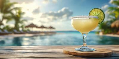 Refreshing margarita by the poolside on a sunny day with palm trees in the background and a clear blue sky photo