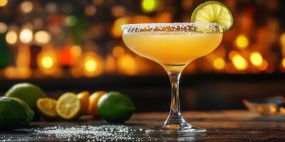 Enjoying a refreshing margarita with lime garnish at a lively bar during a warm evening photo