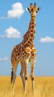 Giraffe standing gracefully in golden grassland under a clear blue sky with fluffy clouds at midday in the savanna photo