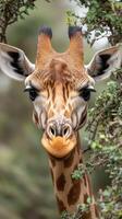 Giraffe peering through foliage in a natural habitat during daylight hours photo