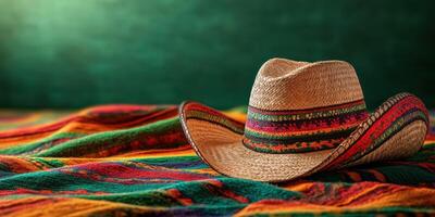 Colorful sombrero displayed on vibrant textile representing Mexican culture and tradition in a studio setting photo
