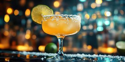 Refreshing cocktail served in a stylish glass with a lime garnish at a vibrant bar during a lively evening photo