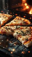 Delicious pizza slices topped with fresh herbs and melted cheese, served hot from the oven at a kitchen setting photo