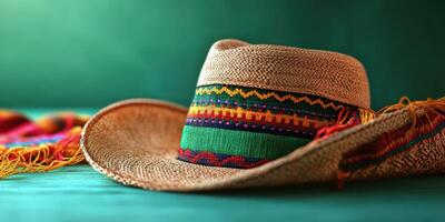 Colorful sombrero and traditional textile displayed on a vibrant background photo