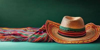 Colorful sombrero and vibrant blanket displayed on a green background capturing Mexican culture and tradition photo