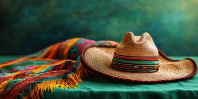 Traditional sombrero and colorful blanket displayed on a green tablecloth for a cultural celebration photo