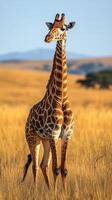 Giraffe standing gracefully in golden grasslands during late afternoon sunlight photo