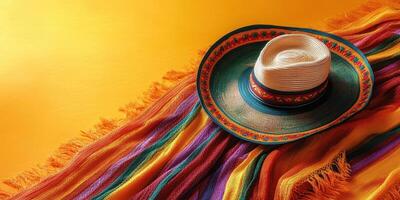 Colorful traditional hat and vibrant blanket displayed on a bright orange background in a festive setting photo