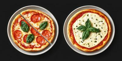Delicious pepperoni and margherita pizzas served on plates with fresh basil photo