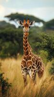 Giraffe stands gracefully in tall grass under a cloudy sky in a serene savanna setting photo