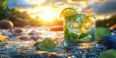 Refreshing drink on a rock by the river during sunset with vibrant colors and sparkling water photo