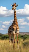 Majestic giraffe standing gracefully in an African savanna under a blue sky filled with fluffy clouds photo