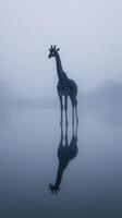 Giraffe stands majestically in foggy landscape by tranquil water at dawn photo