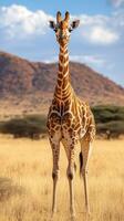 Majestic giraffe standing tall in the savannah during golden hour with distant mountains in the background photo