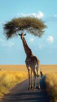 Giraffe standing beneath acacia tree on a sunny day in the savannah landscape of East Africa photo