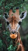 Giraffe observing surroundings in lush greenery during afternoon light photo