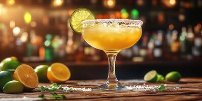 Colorful margarita served with lime on a rustic bar counter during a lively evening gathering photo