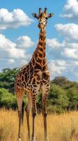 Giraffe stands tall in golden grassland under a bright blue sky with fluffy clouds in the African savanna during midday photo